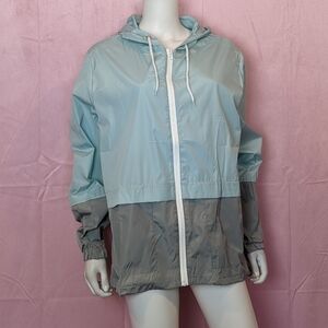 Light Blue and Gray Packable Lightweight Full Zip Hooded Rain Jacket size Large